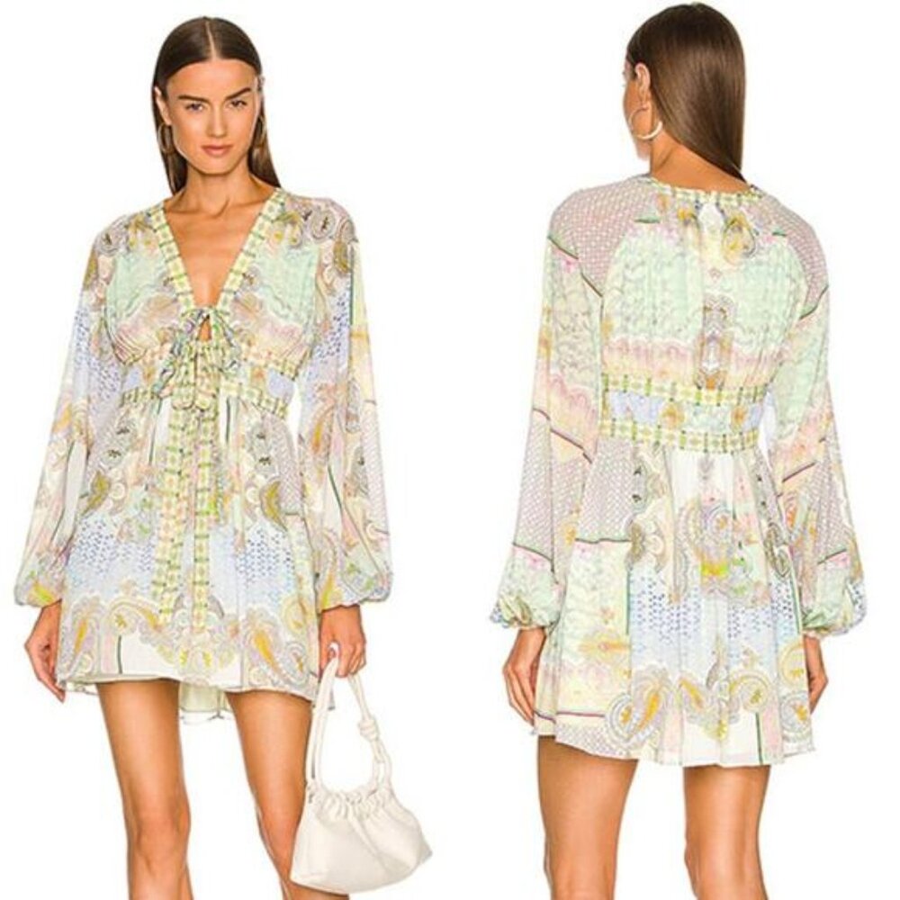 NEW Alexis Tessie Fully Lined Front Tie Blouson Sleeves Mini Dress Rococco Sz XS